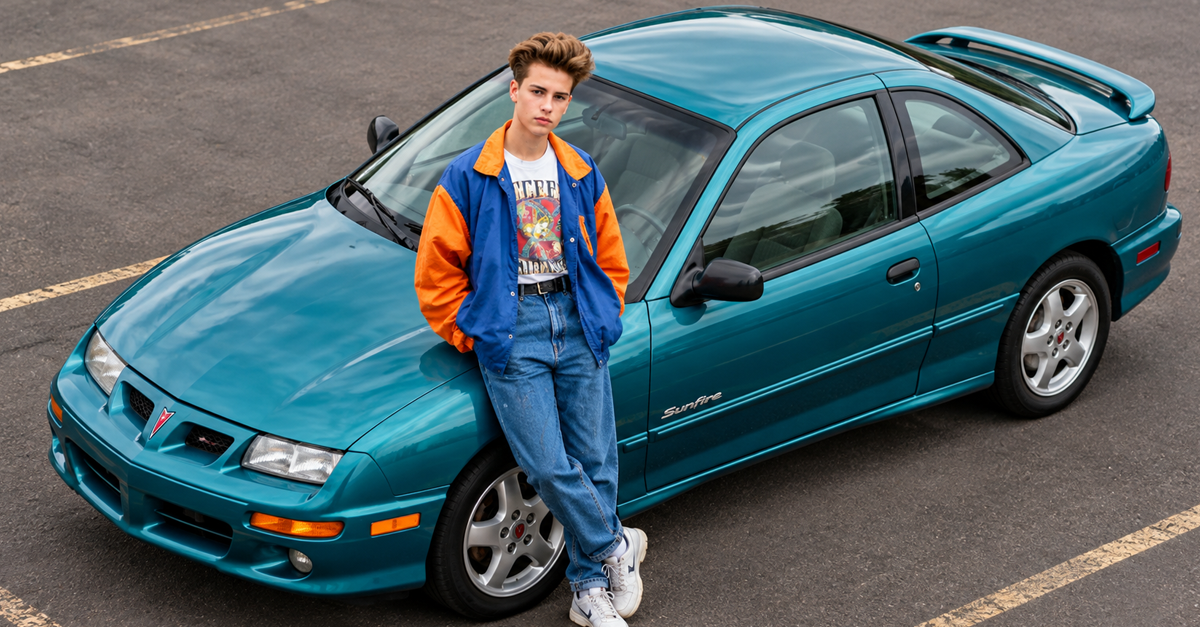 AI-generated image of a teen leaning against a teal Pontiac Sunfire