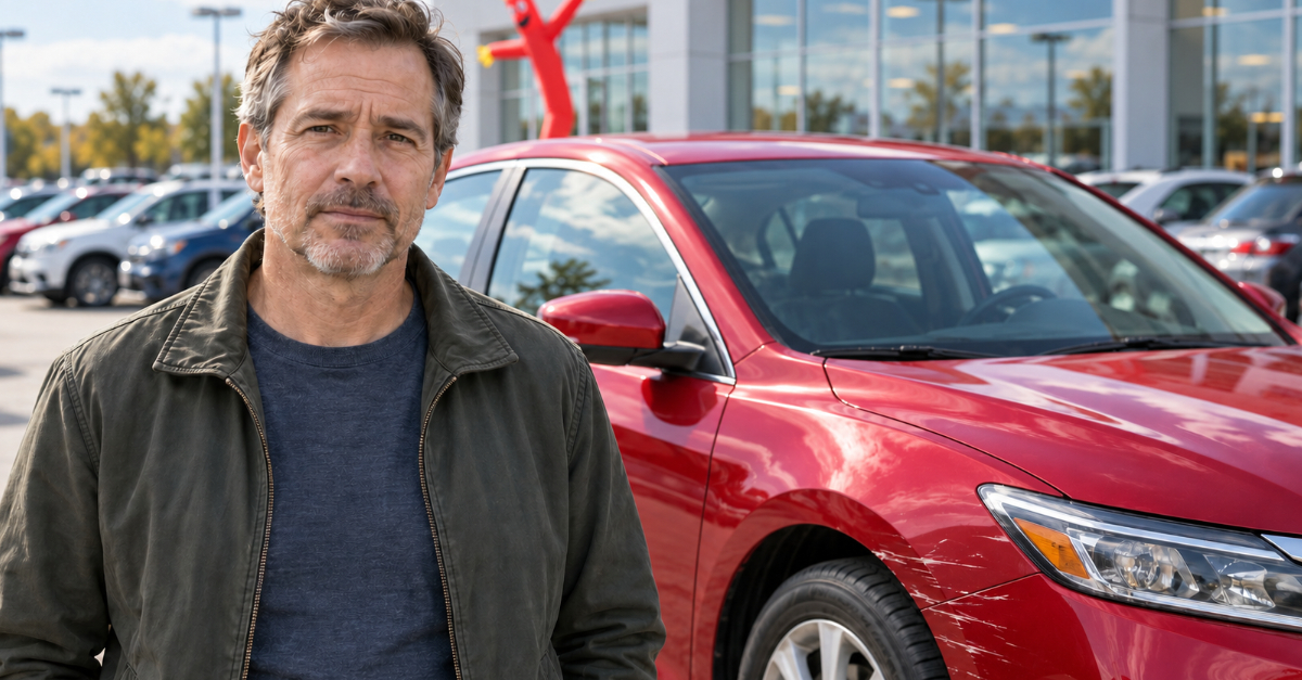Man standing in front of red car in dealership parking lot
