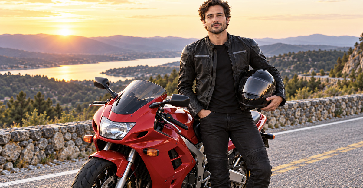 AI-generated image of a man leaning against an early 2000s Suzuki Katana.