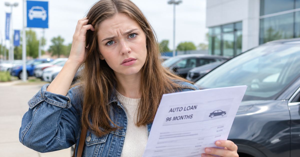 Confused Young Woman Reviewing a 96-Month Car Loan