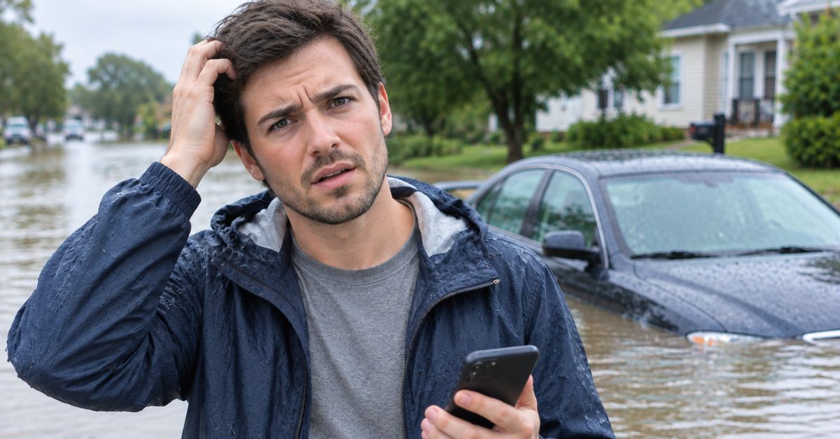 Confused Man in a Flooded Neighborhood