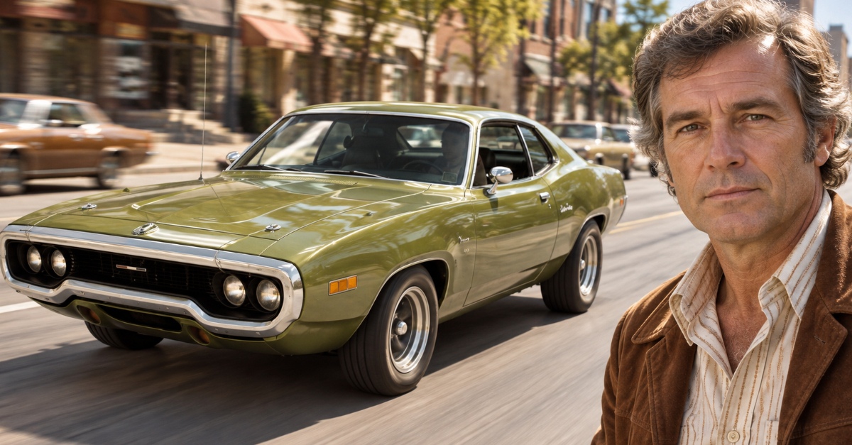 muscle car on road with man in foreground looking at camera