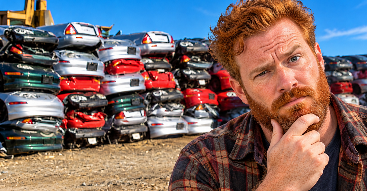 AI-generated image of a man standing in front of crushed EV1s