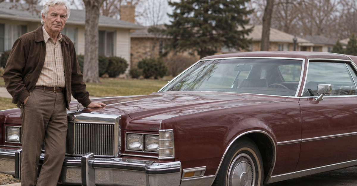Older man standing in front of 1970s car