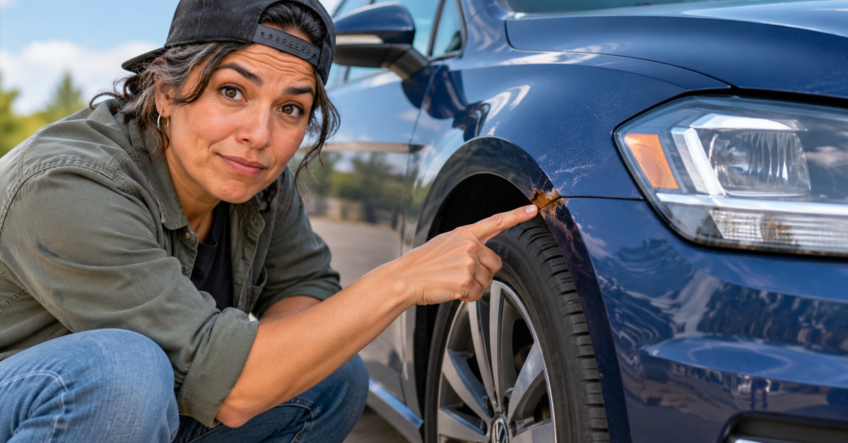 AI-generated image of a woman crouched down next to car with visible rust