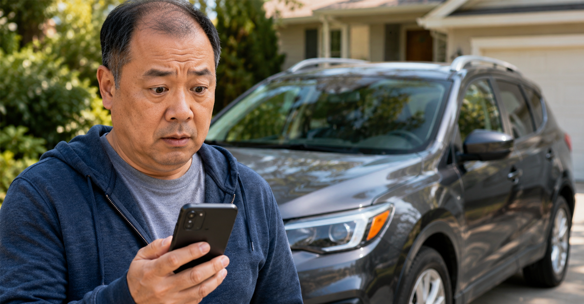 man worried about digital car privacy, car in the background