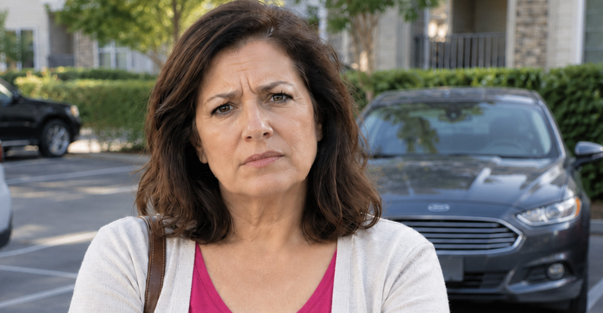 AI-generated image of a woman worried about her assigned parking space.
