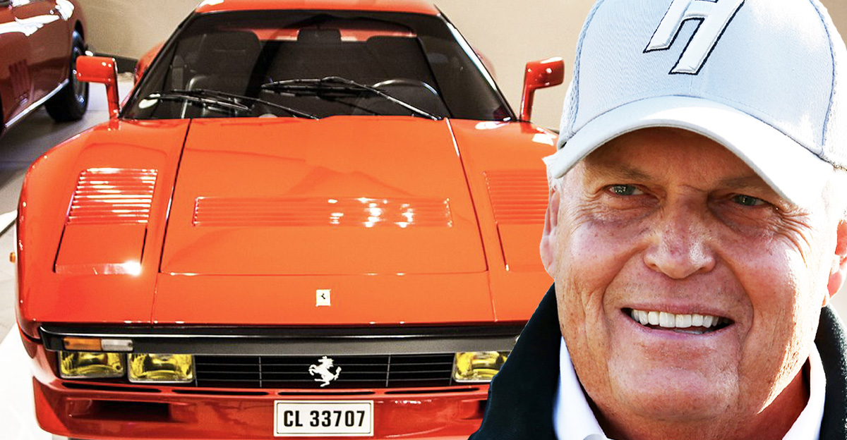 Headshot of Rick Hendrick overlayed on a close-up photo of a 1984 Ferrari 288 GTO car on display at an exhibition, with the surrounding background blurred to highlight the vehicle.