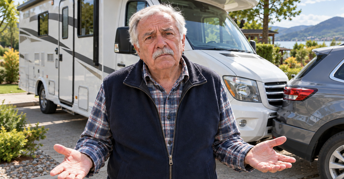 AI-generated image of senior man standing in front of his rolled RV.