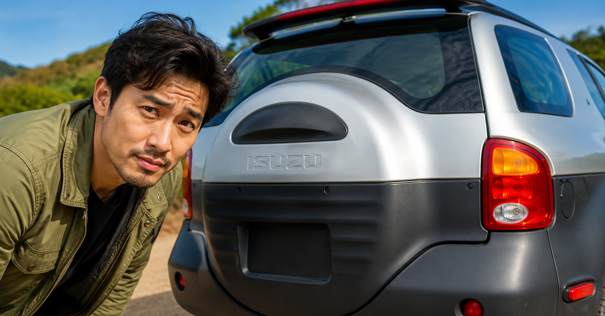 AI-generated image of a man leaning down next to the rear of an Isuzu VehiCROSS