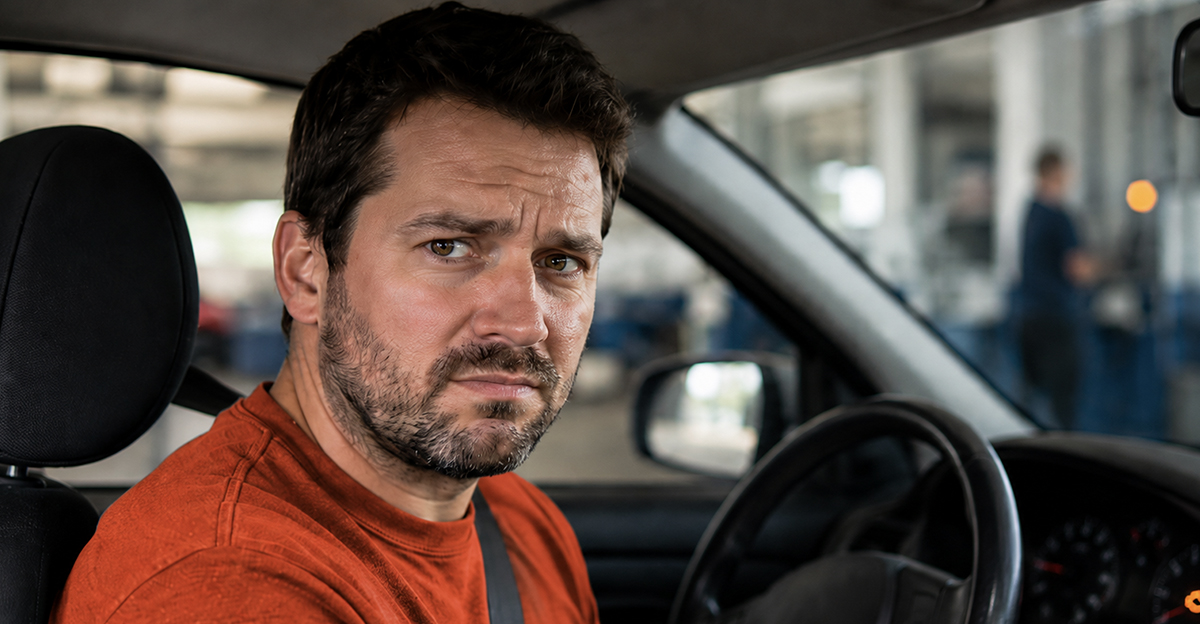 AI-generated image of a man who's car failed inspection because of dashboard warning lights.