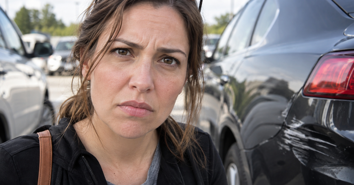 Woman next to her car with scratched bumper