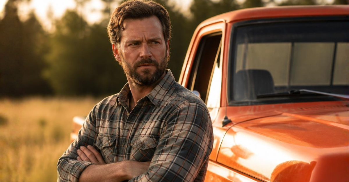 Perturbed man standing by truck.