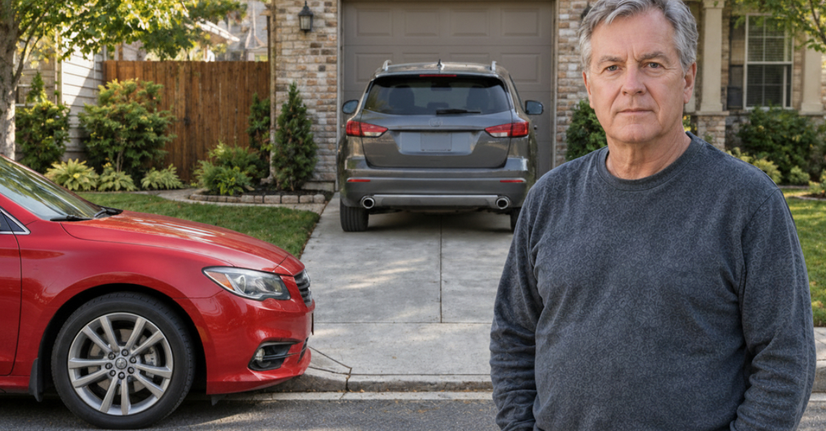 car parked very close to driveway, man in foreground looking at camera