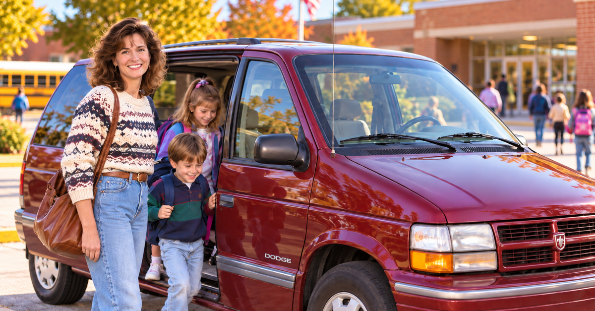 AI-generated image of a woman and two children next to a Dodge Caravan parked next to a school