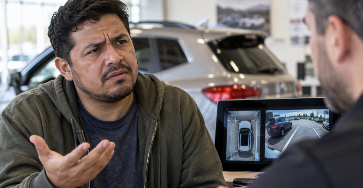 man upset and surprised at car dealership