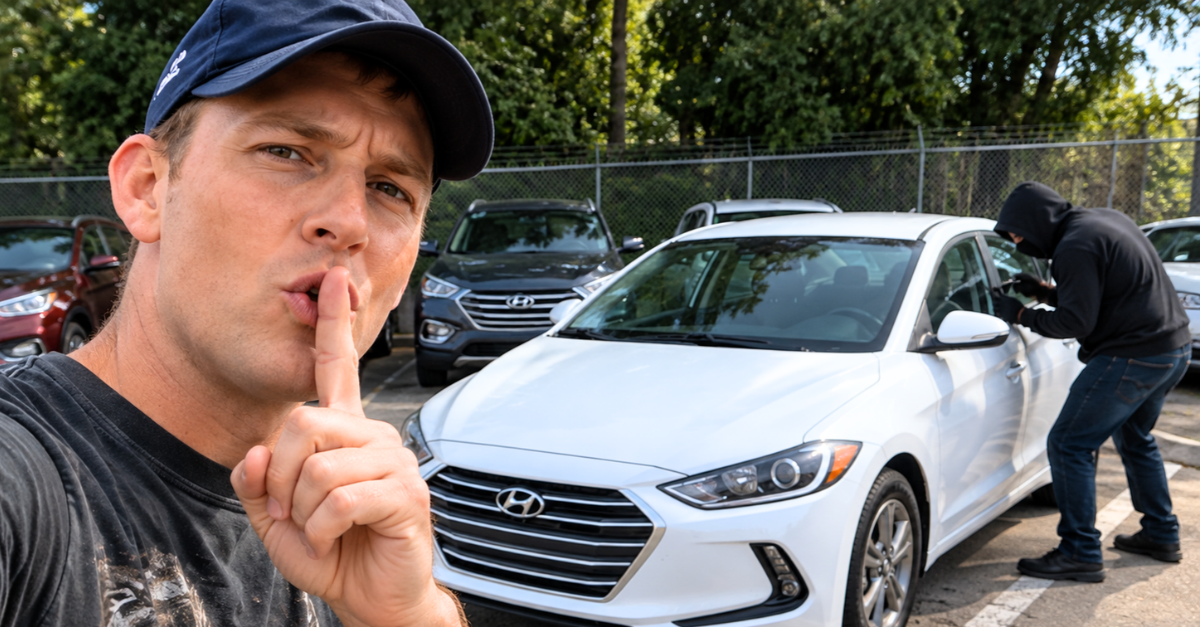 Man taking selfie beside thief stealing car.