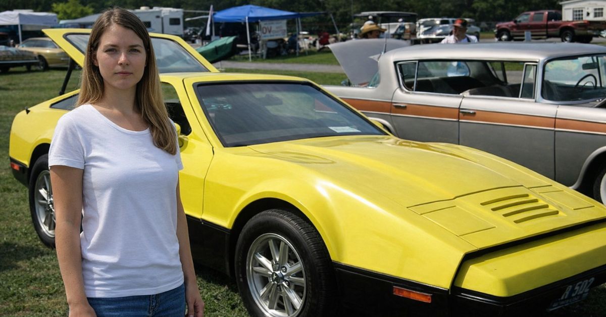 Woman standing near a 1974 Bricklin SV-1 sports car