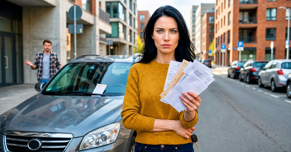 annoyed woman holding parking tickets, with the car and brother in background