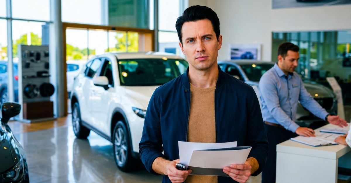 man in disbelief inside a dealership, holding documents