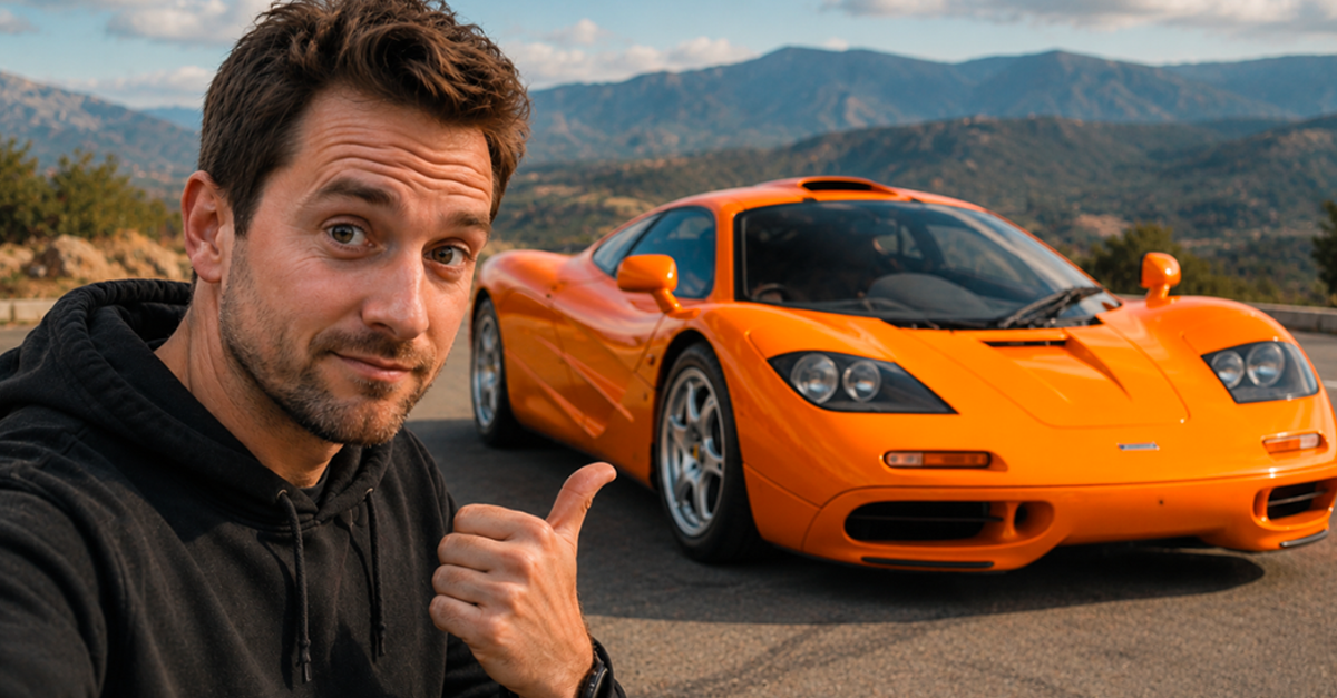 AI-generated image of a man with his thumb raised, next to an orange McLaren F1
