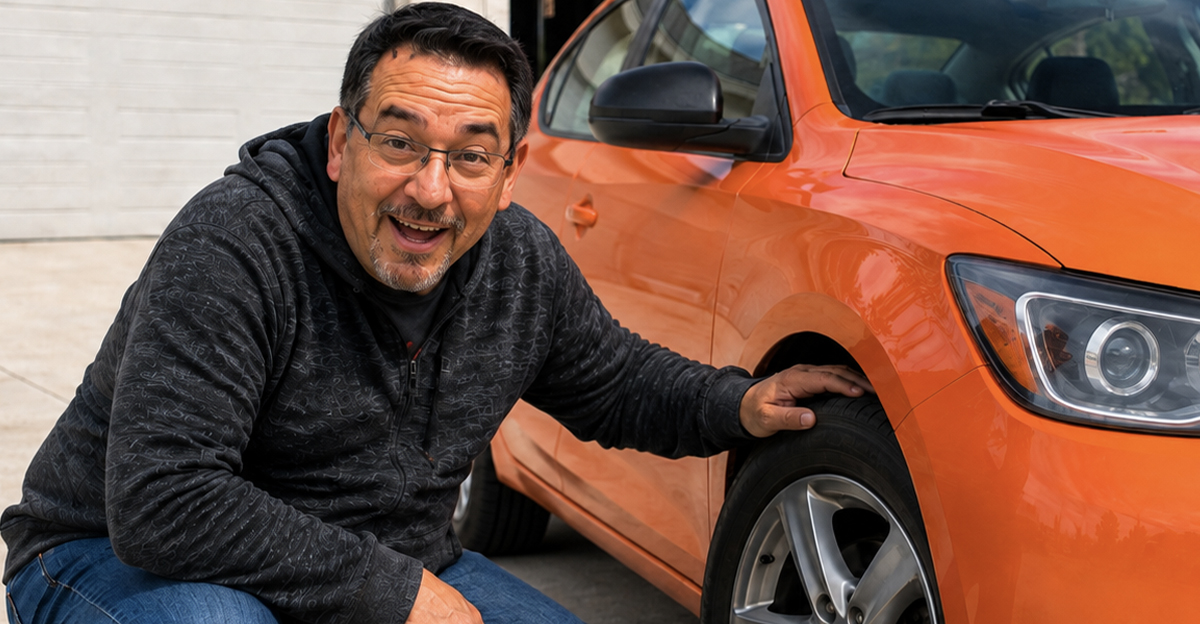 A-generated image of a man excited about the longevity of his the regenerative brakes on his hybrid car.
