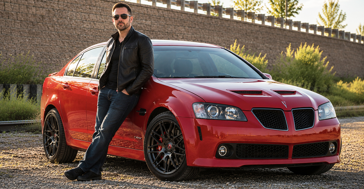AI-generated image of a man leaning against a red Pontiac G8 sports sedan.