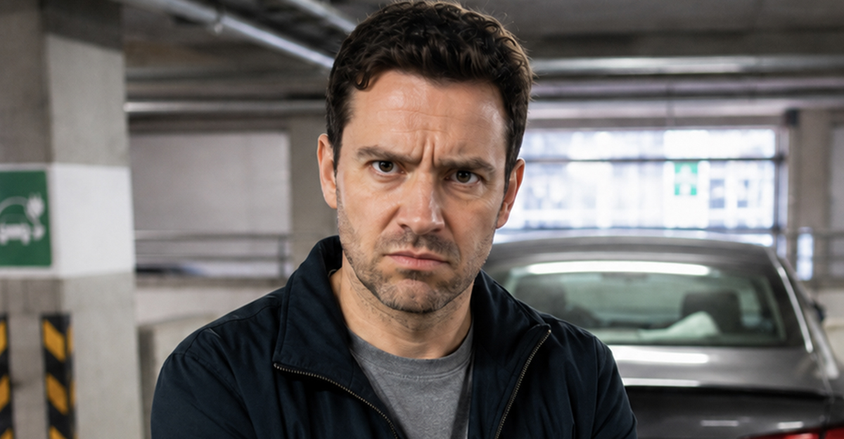 AI-generated image of a man upset that the EV charging spaces in his condo are taken by gas cars.