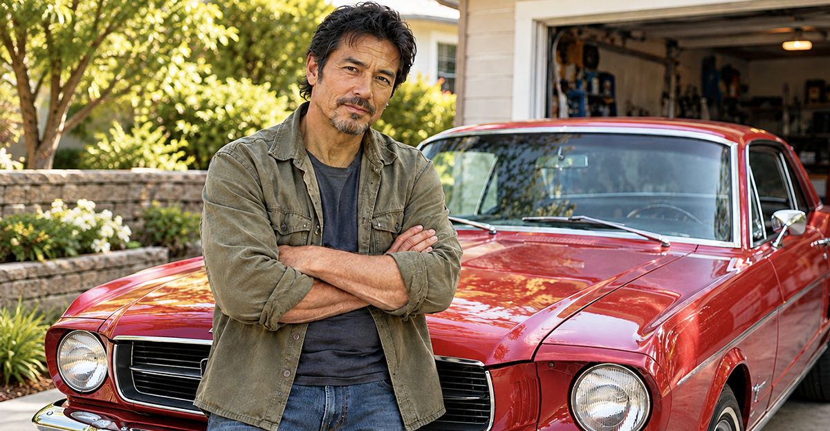 AI-generated image of a man worried about his vintage car's emissions.