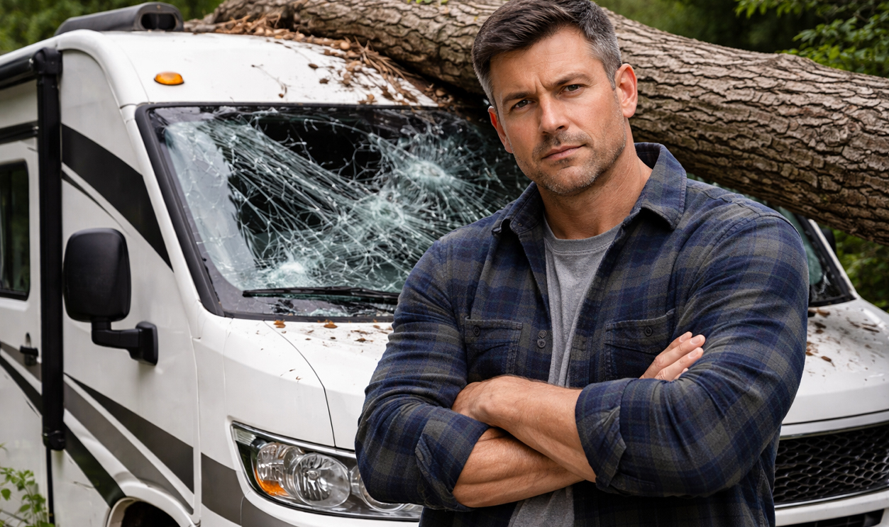 AI-generated image of a man worried about his damaged RV.