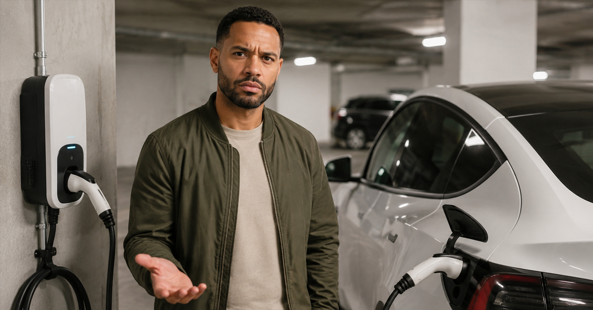 AI-generated image of Black man standing next to EV in parking garage