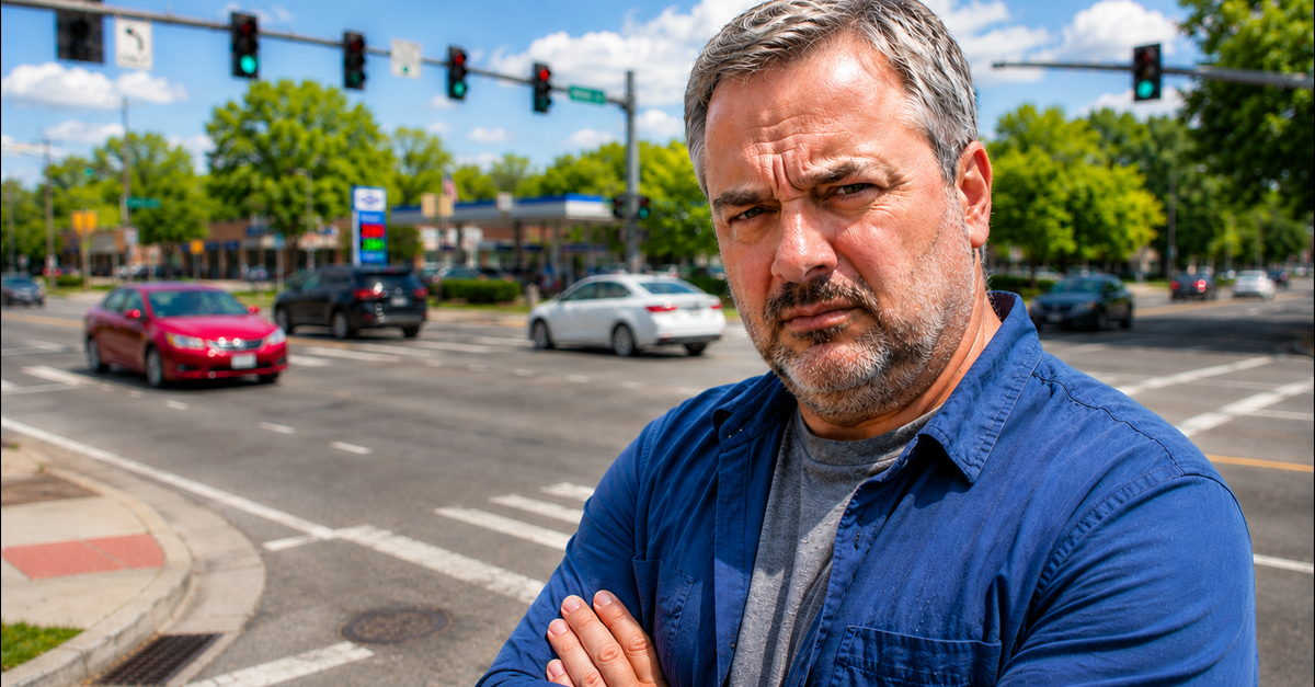 AI-generated image of white man standing at busy intersection