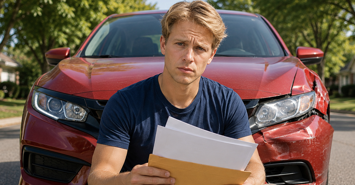 AI-generated image of a man worried about his insurance claim after a car accident.