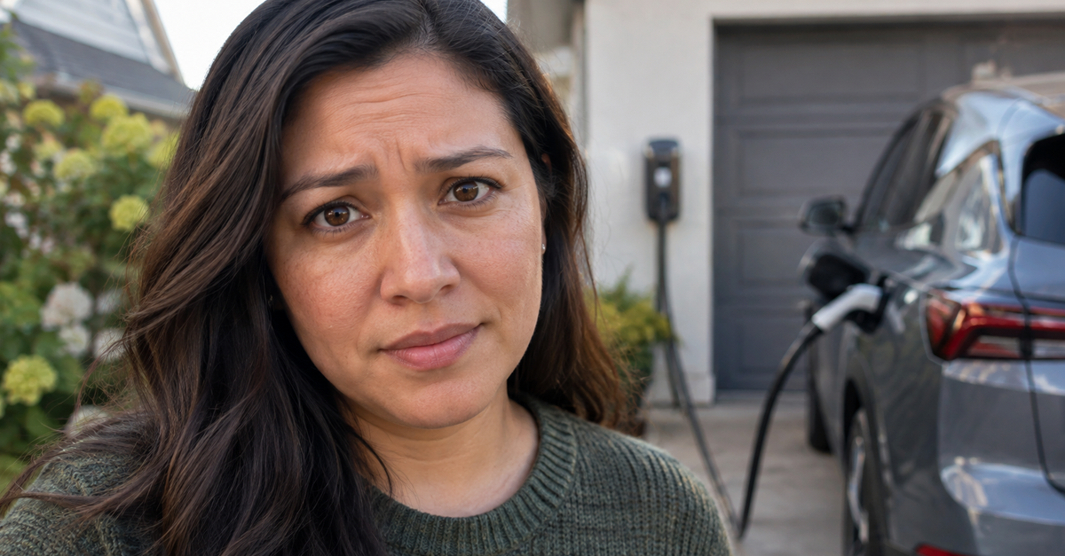 Woman on driveway in front of EV plugged into house
