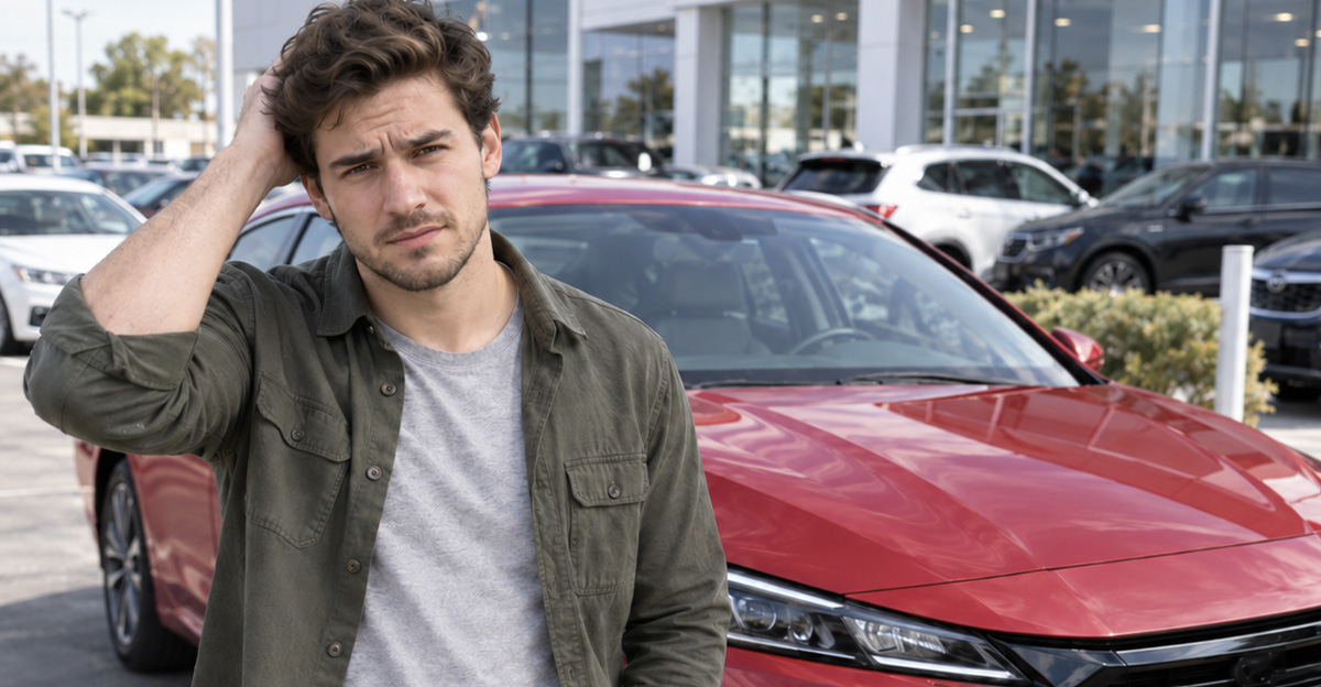 AI-generated image of a man worried about liability after his parking sensor caused a minor accident.