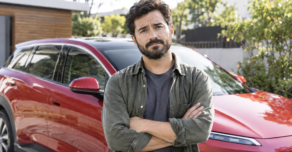 AI-generated image of a man worried about his imported foreign EV.