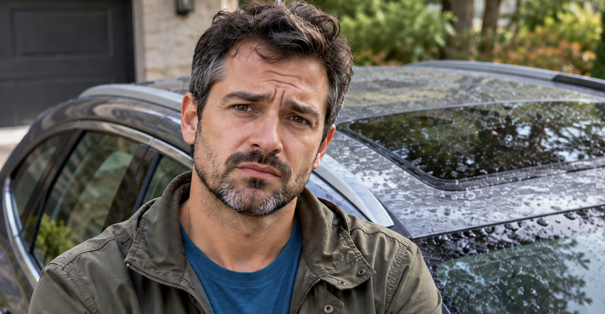 AI-generated image of a man worried about a sunroof leak on his newly purchased used car.