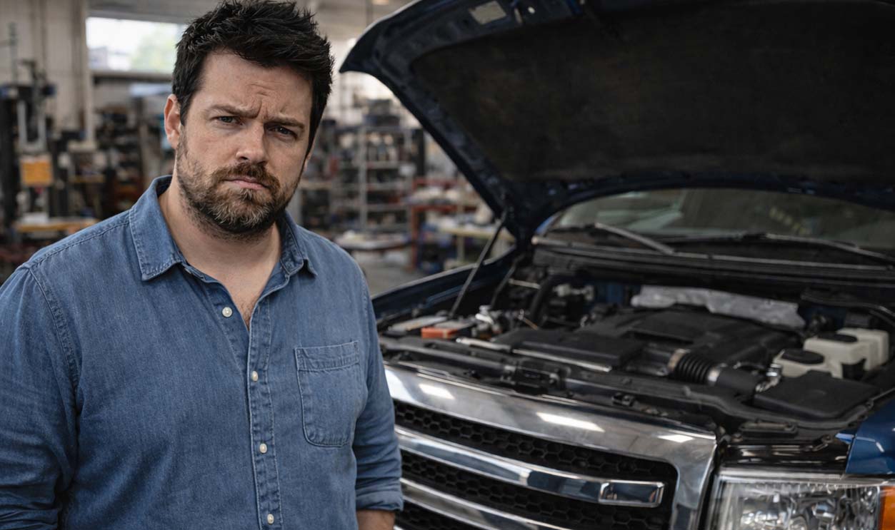 Man in repair shop by blue truck