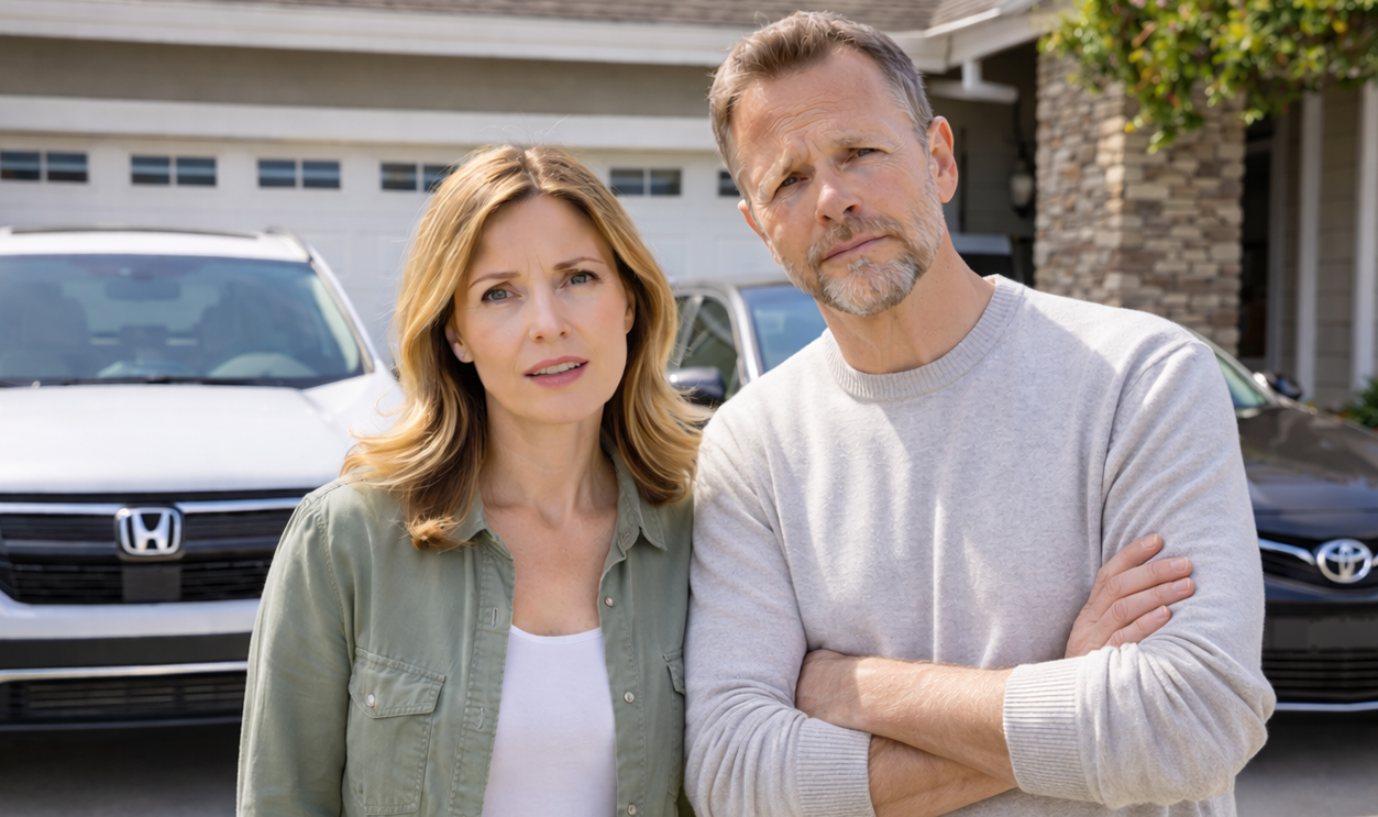 AI-generated image of homeowners upset about paying their HOA a fee to park a second car on their driveway.