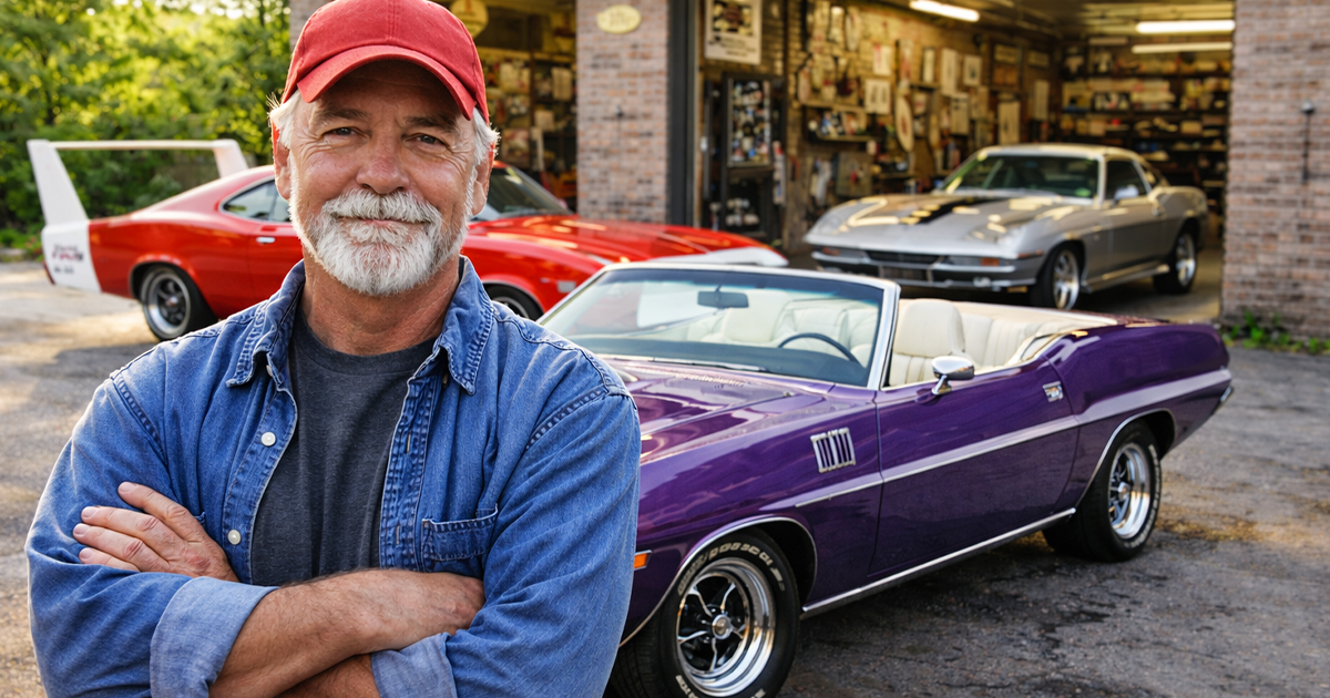 Man standing in front of classic muscle cars