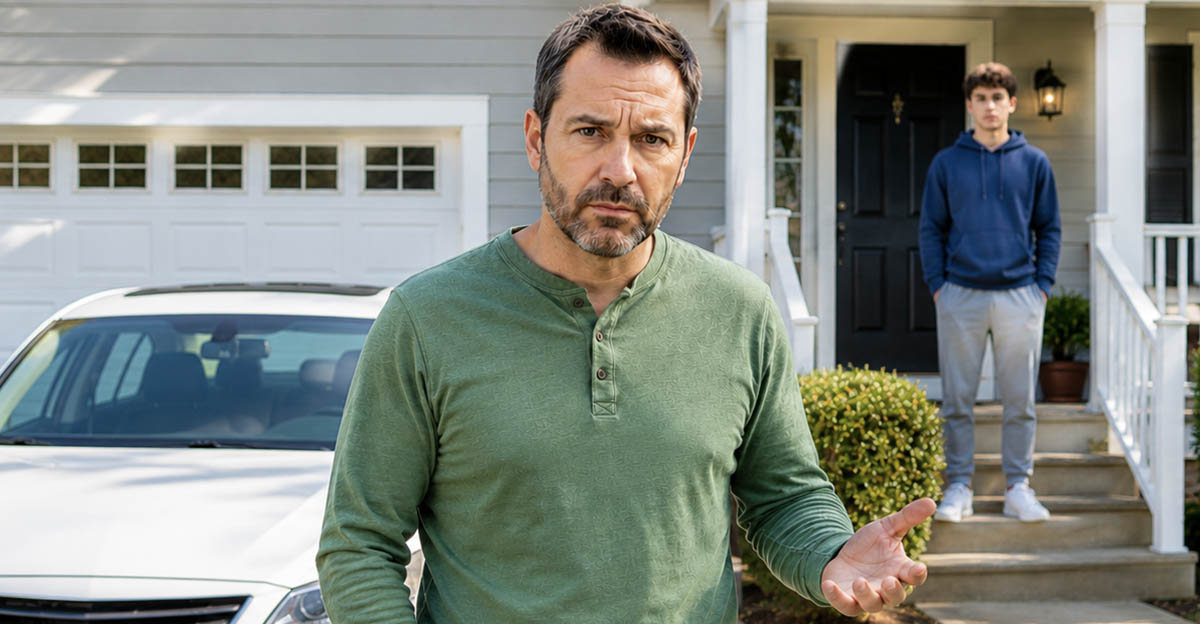 Ai-generated image of a man worried about his car insurance rate.