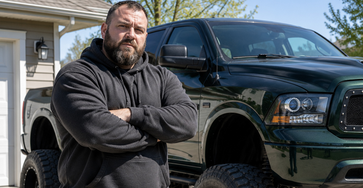 AI-generated image of man worried about insurance for his lifted truck.