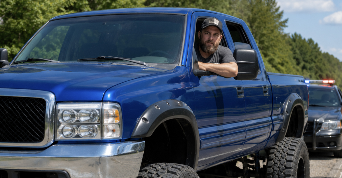 AI-generated image of man being ticketed for his lifted truck.