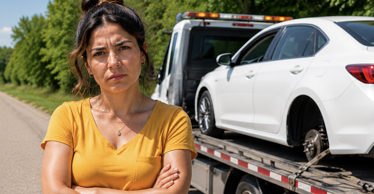 AI-generated image of woman worried about a car accident.