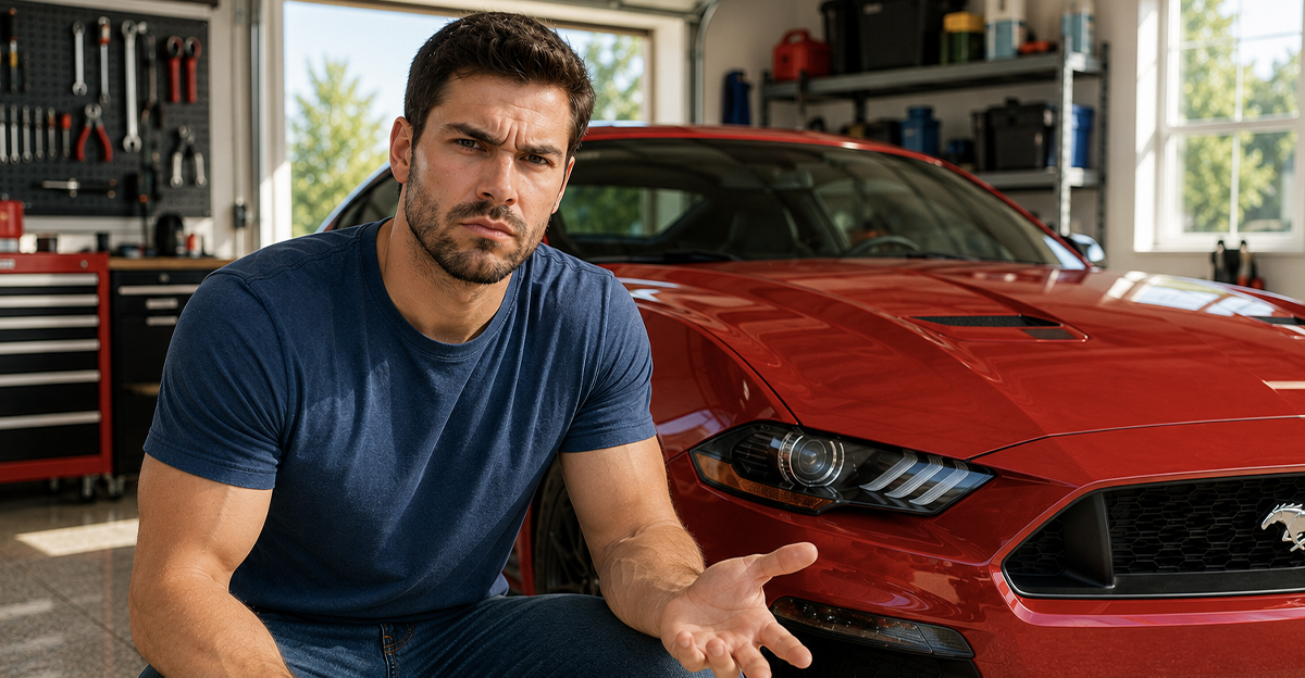 AI-generated image of a man worried about aftermarket parts voiding his warranty.