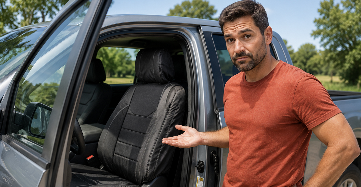 AI-generated image of a man worried about his seat covers affecting safety features.