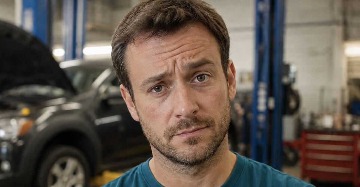 AI-generated image of a man worried about maintenance on his direct-injection engine.