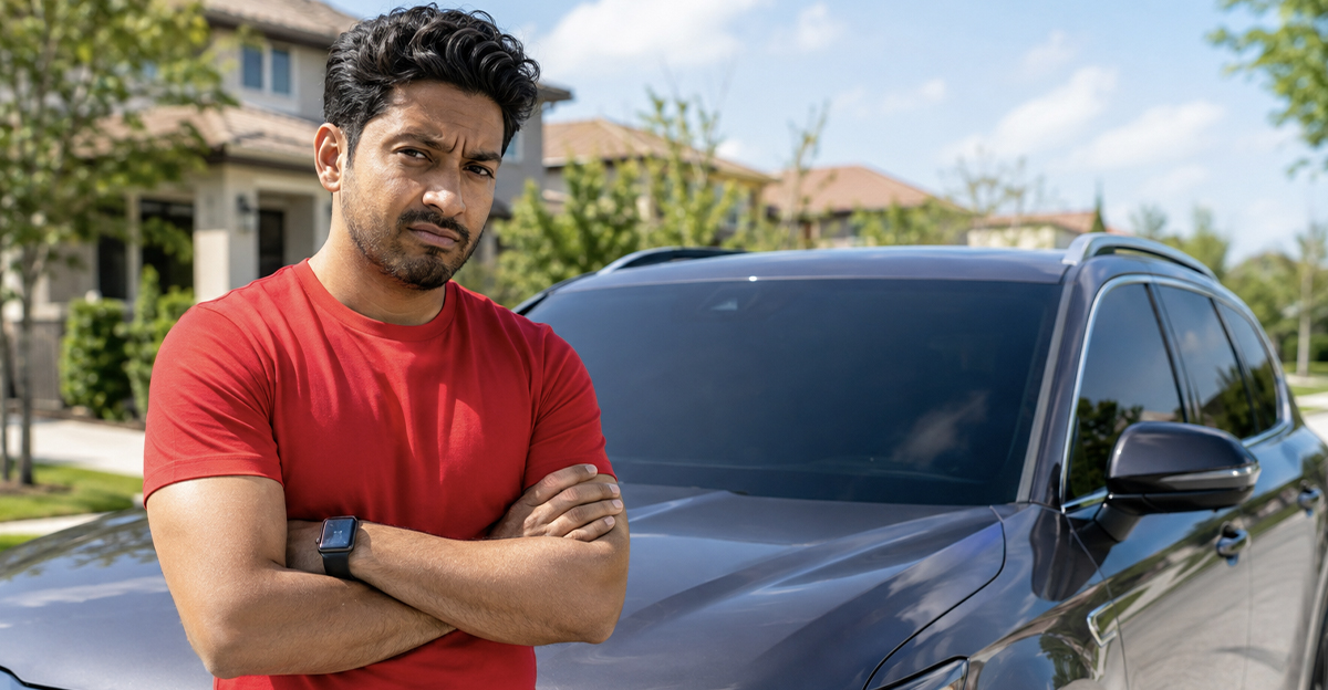 AI-generated image of a man standing in front of his SUV.