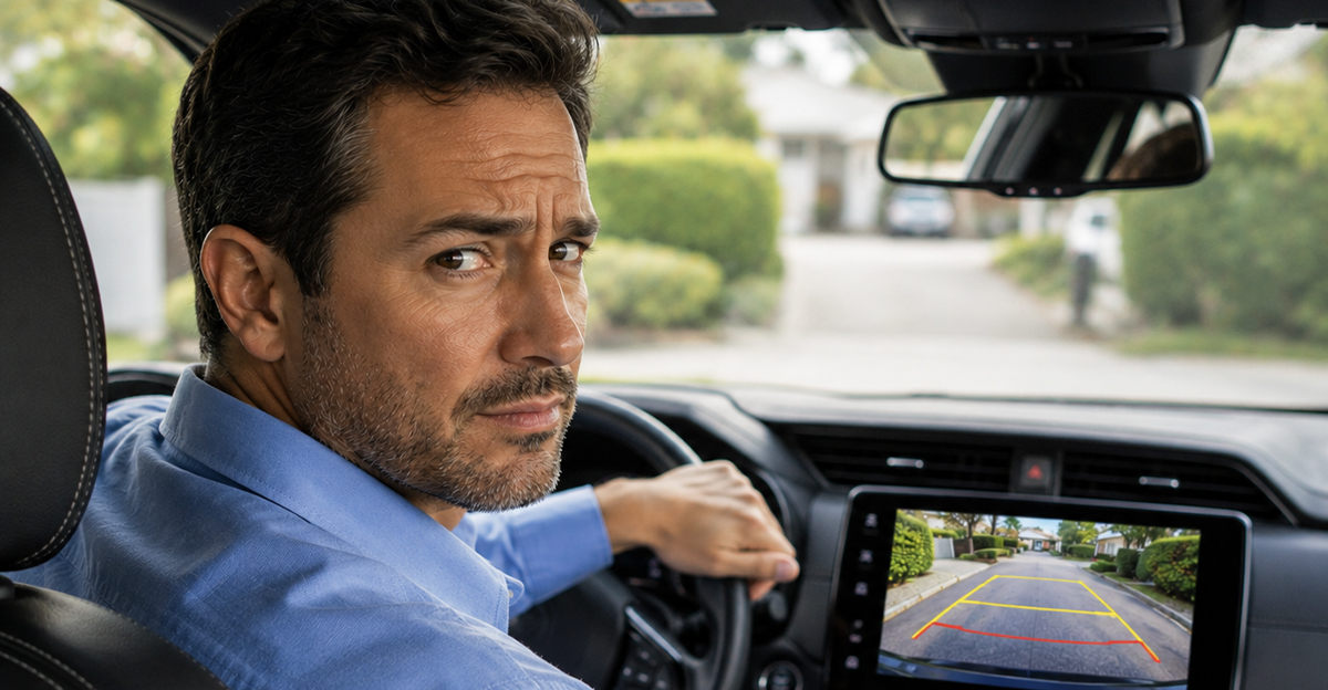 AI-generated image of a man sitting in his car, worried about reliance on his backup camera.