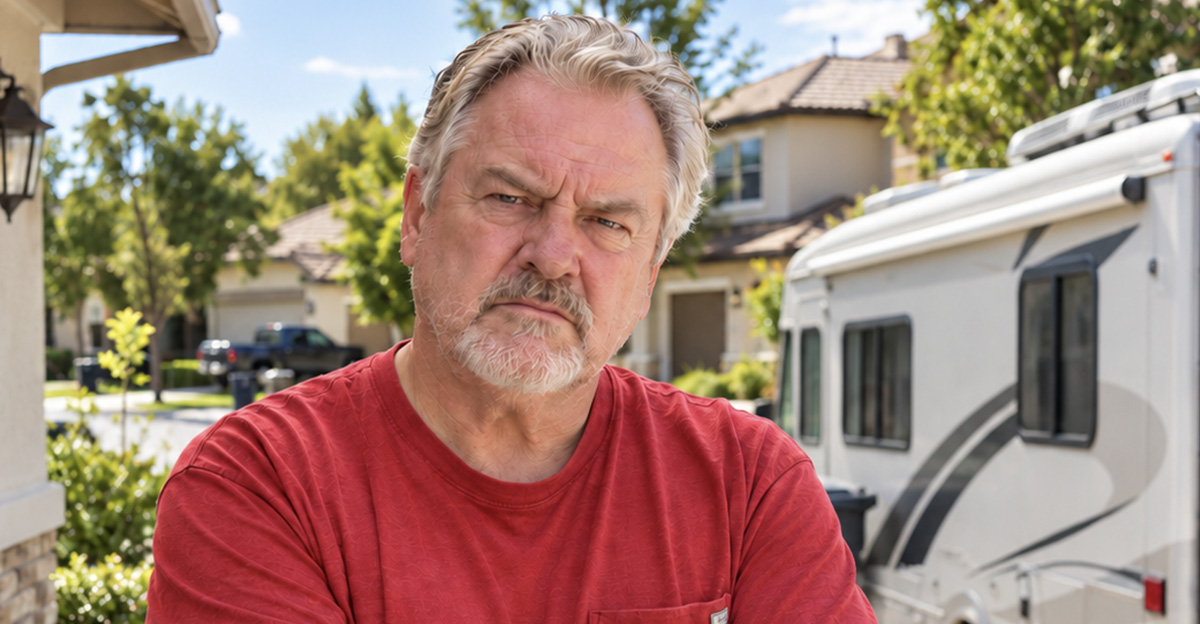 AI-generated image of a man worried about his neighbor's RV blocking his driveway.